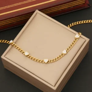 Κολιέ Curb με Καρδιές Ζιργκόν | Stainless Steel Heart Link Necklace