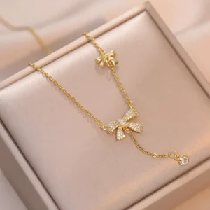 Golden Bow Sparkle Necklace / Χρυσό Κολιέ "Sparkle Bow" με Φιόγκους