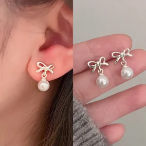 Silver Bow & Pearl Drop Earrings | Σκουλαρίκια "Φιόγκος & Μαργαριτάρι"