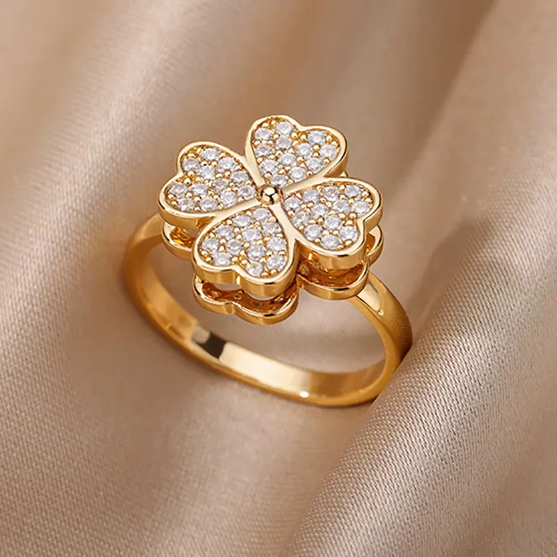 Δαχτυλίδι Sparkling Clover | Gold Plated Zirconia Four-Leaf Clover Ring