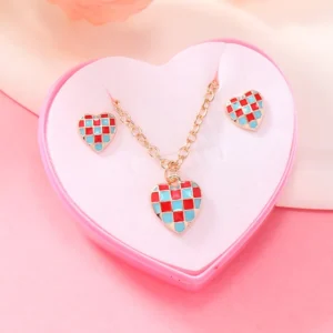 "Sweet Heart Checker" – Παιδικό Σετ Κολιέ & Σκουλαρίκια με Σμάλτο