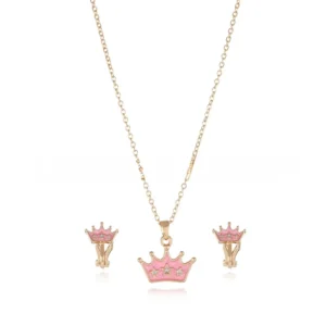 "Pink Crown Jewel Set" – Παιδικό Σετ Κολιέ & Σκουλαρίκια με Κορόνα
