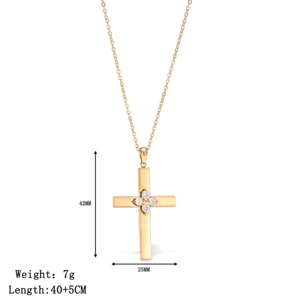 Gold Cross Pendant with Flower Crystal Detail - Image 2