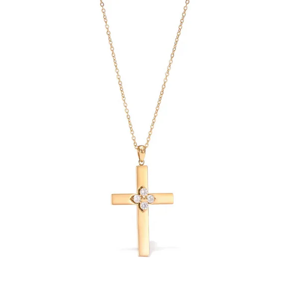 Gold Cross Pendant with Flower Crystal Detail