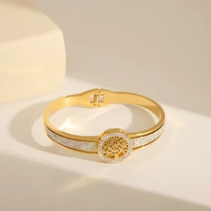 "Tree of Life" – Χρυσή Χειροπέδα 18K με Δέντρο της Ζωής & Pavé Ζιργκόν