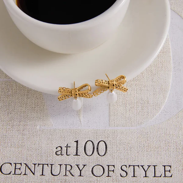 Γυναικεία Σκουλαρίκια Φιόγκος με Πέρλες | Coquette Pearl Gold - Image 3