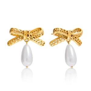 Γυναικεία Σκουλαρίκια Φιόγκος με Πέρλες | Coquette Pearl Gold